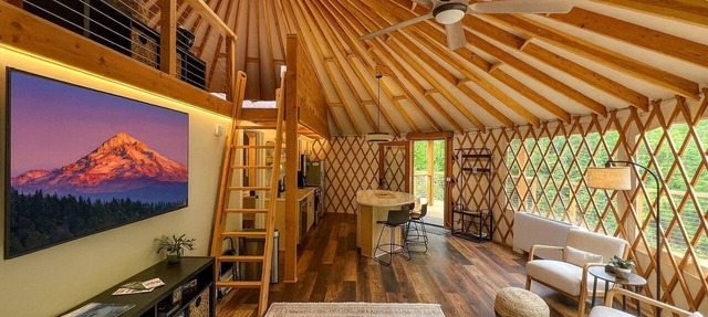 Modern Forest Yurt with Firepit & Skylit Dome near Carson, Washington in Carson